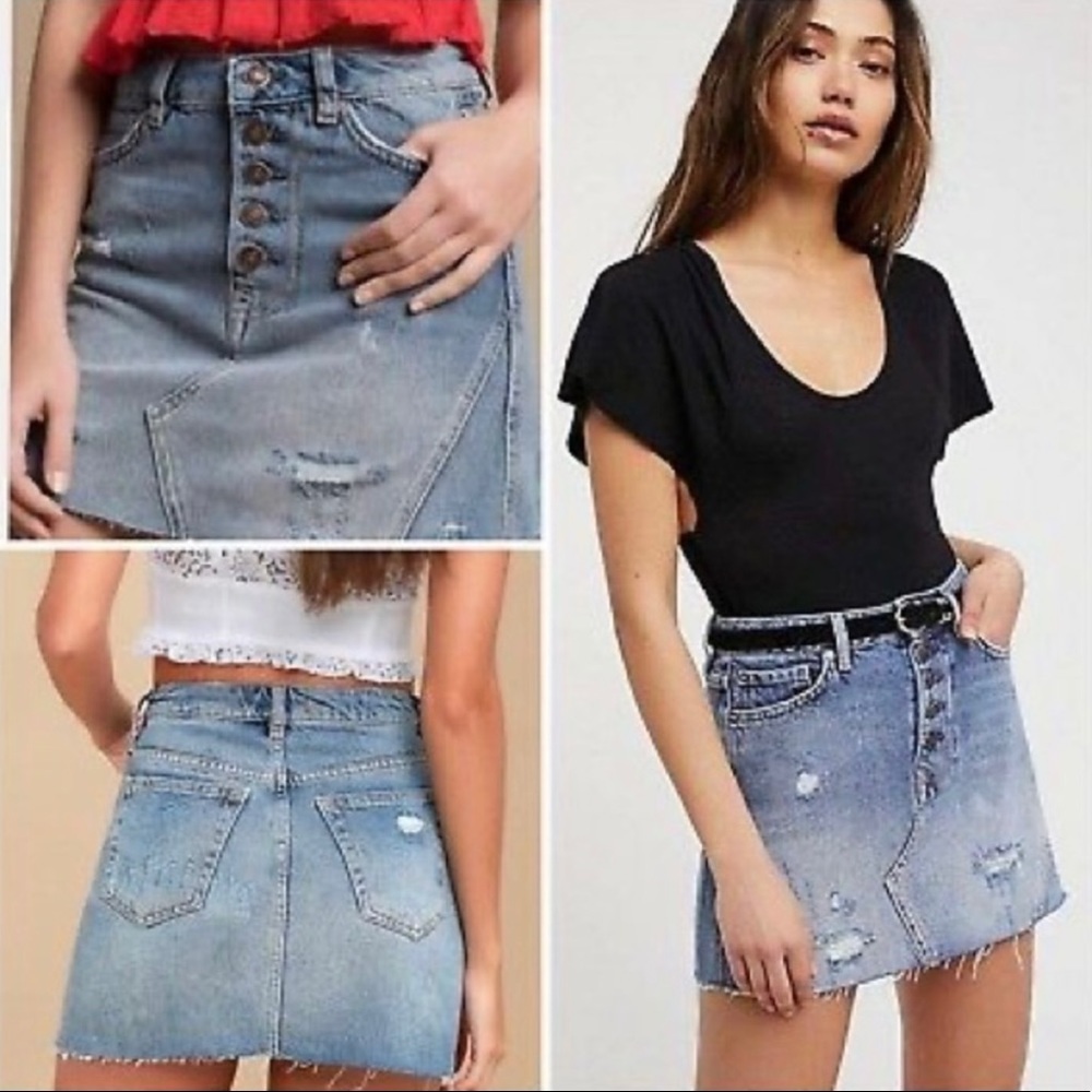 Free People High Rise Button Fly Denim Distressed Mini Jean Skirt Size 29